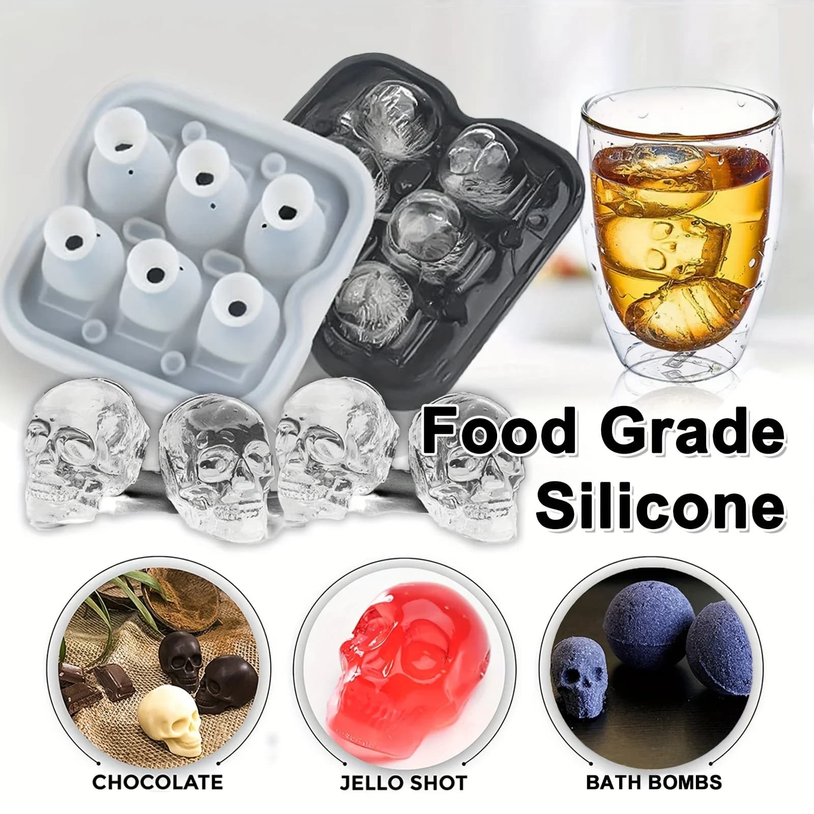 Silikonowa forma do kostek lodu 3D Czaszka, foremka do drinków